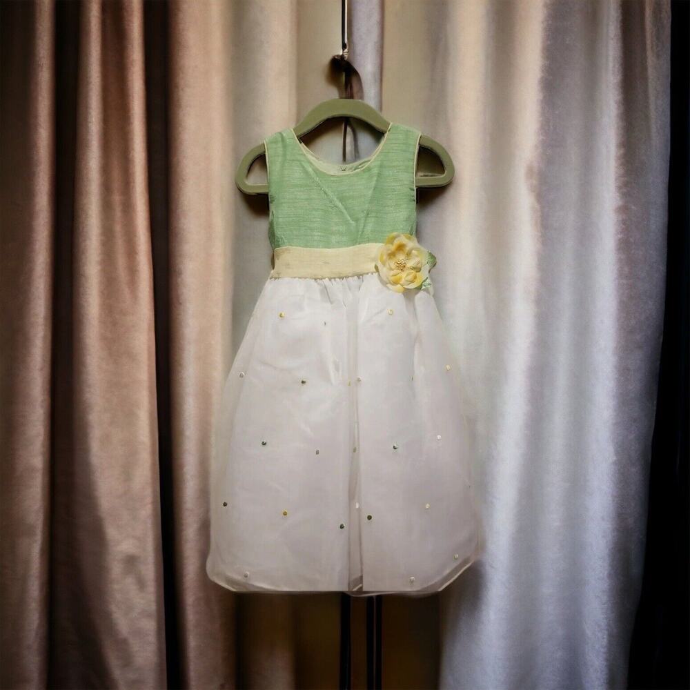 Girls Perfectly Dressed Sz 4 Dress Grn White Yellow Sleeveless Spring Easter
